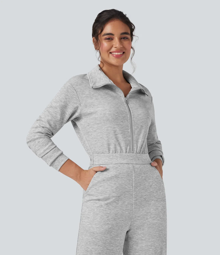Slagkrage dragkedja långärmad vardaglig jumpsuit med fickor-Easy Peezy