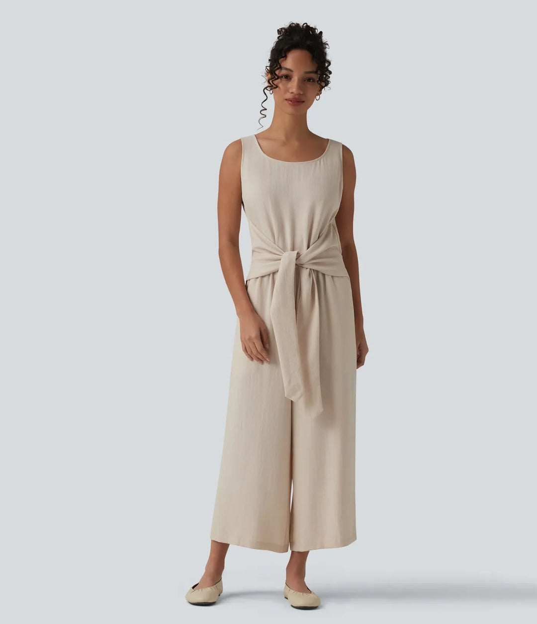 Djup rund halsringning ärmlös knytning fram vardaglig linnekänsla jumpsuit med fickor-Easy Peezy