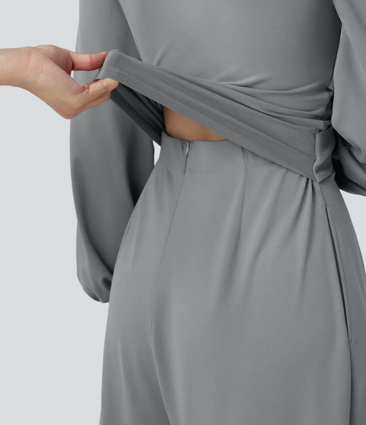 V-ringad lång puffärm crossover arbetsjumpsuit med fickor-Easy Peezy