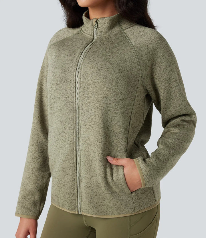 Ståkrage långärmad dragkedjegylf vandring fleece melerad jacka med fickor