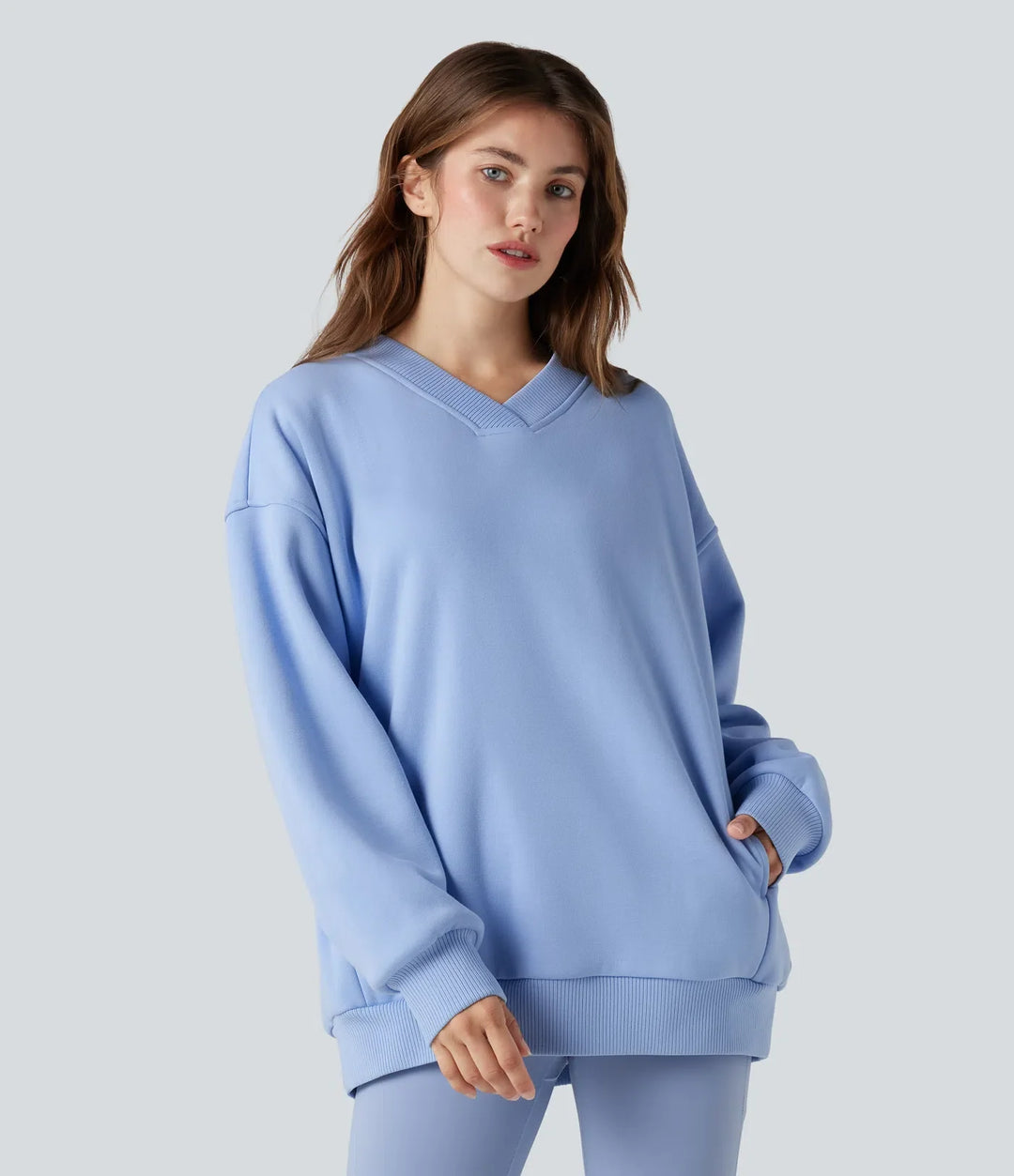 V-ringad långärmad fleece vardaglig bomull sweatshirt med fickor