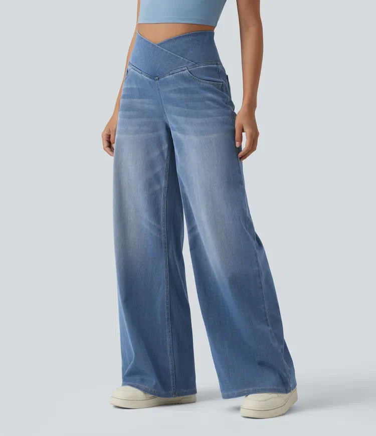 Halara Flex omlott med hög midja och magkontroll vida ben vardagsjeans med fickor