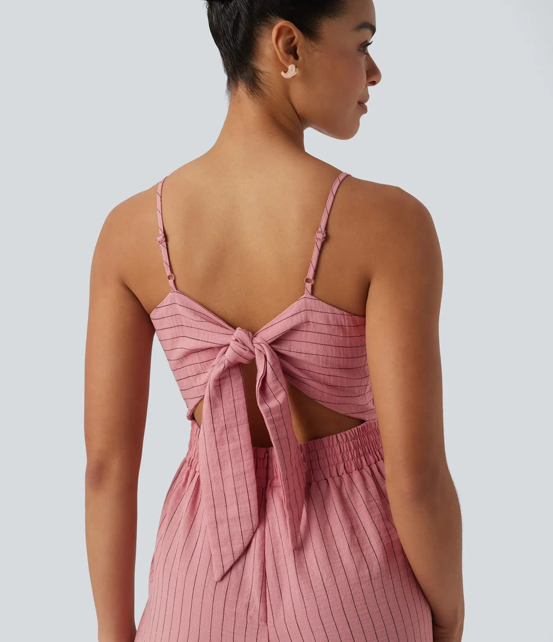 Knytning i ryggen skuren-ut randig linnekänsla slip jumpsuit med fickor