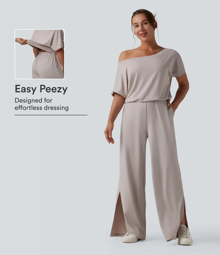 Enaxlad kortärmad slits fåll vardaglig jumpsuit med fickor-Easy Peezy