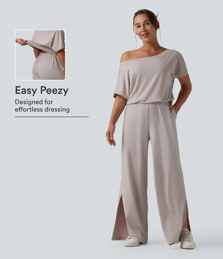 Enaxlad kortärmad slits fåll vardaglig jumpsuit med fickor-Easy Peezy