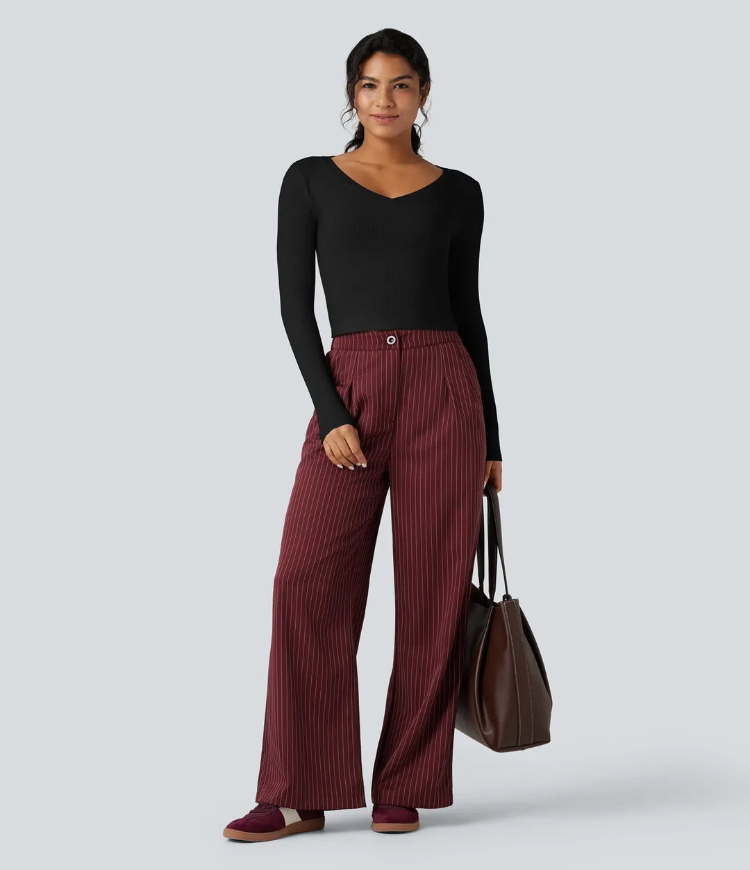 Ribbstickad V-ringad långärmad croppad T-shirt för arbete