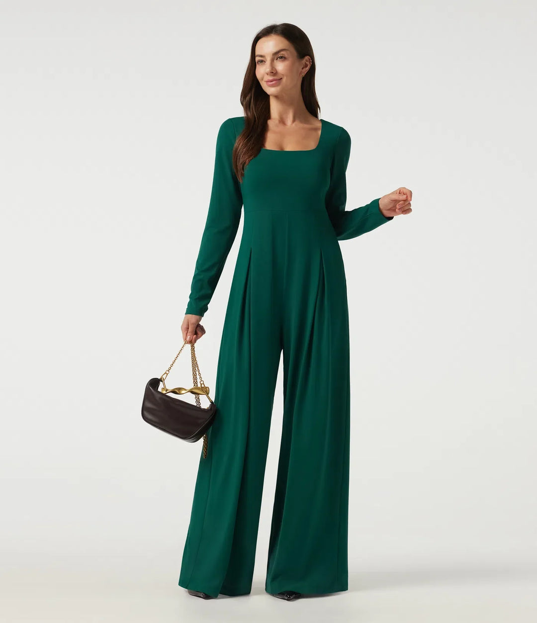 Fyrkantig halsringning långärmad inbyggd BH vida ben vardaglig jumpsuit med fickor-Easy Peezy Edition