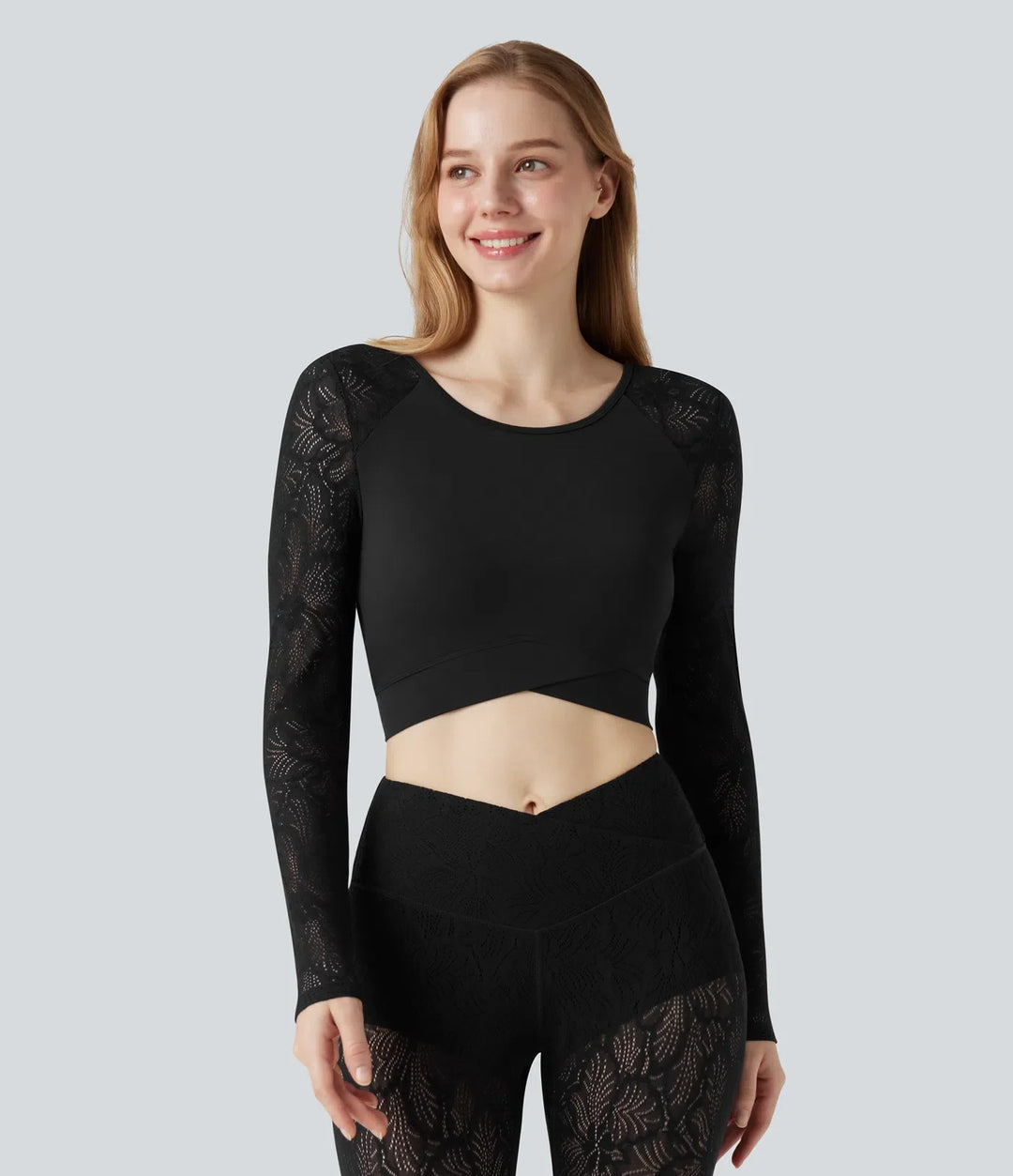 SoftlyZero kontrastspets omlott fåll långärmad kort sporttopp för yoga