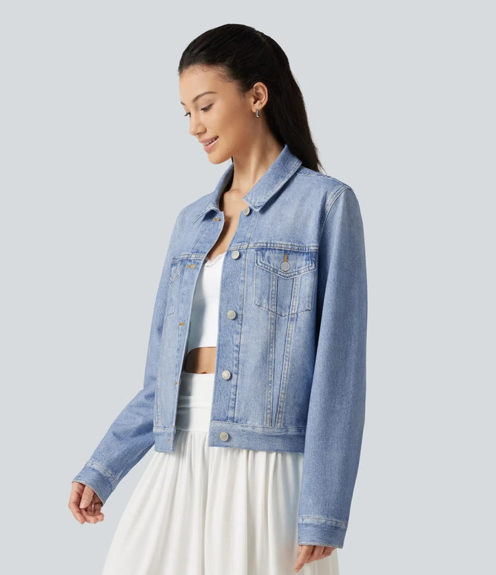 Med krage långärmad denim mönster frotté vardaglig jacka med fickor
