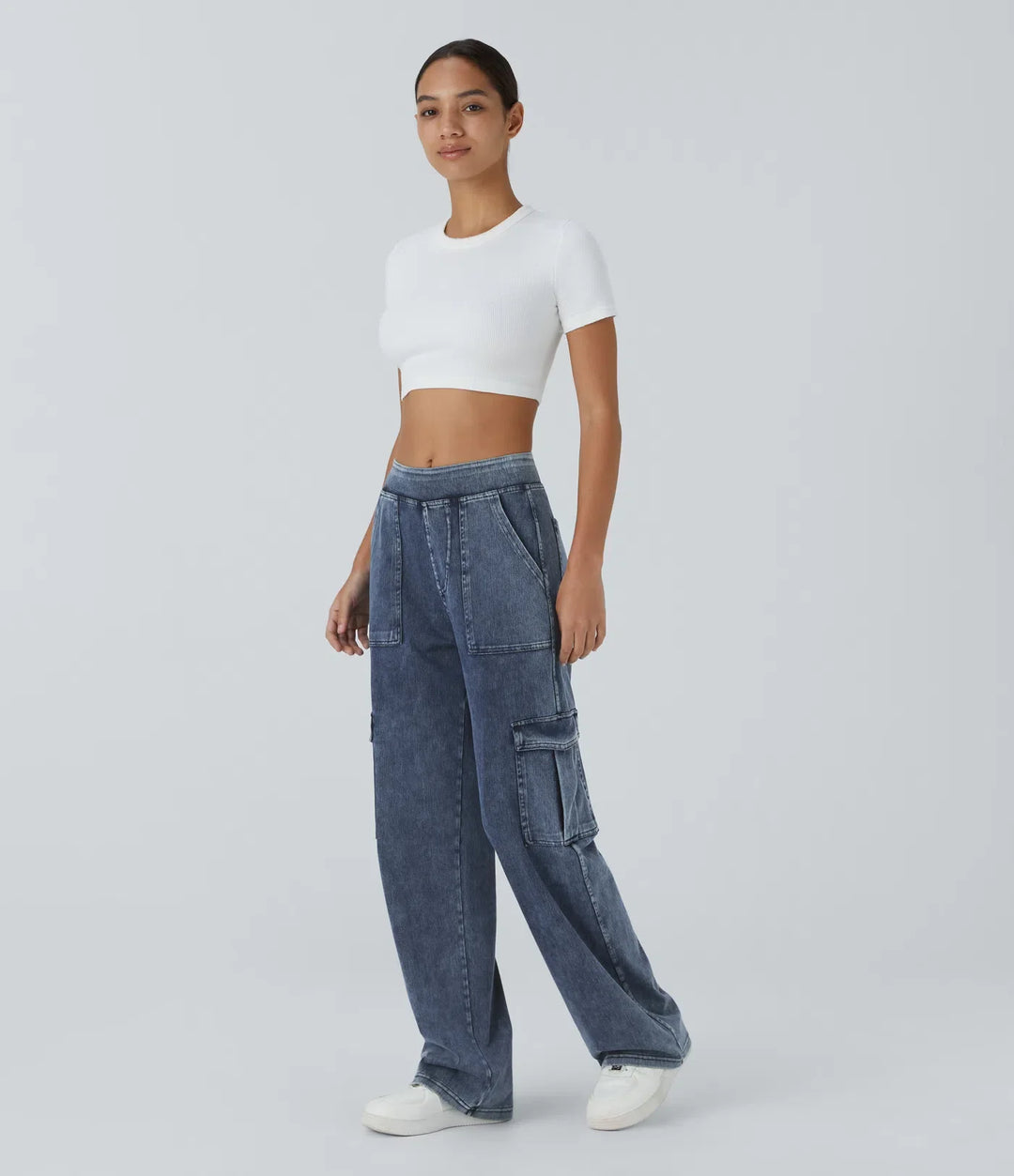 Lyckera Flex medelhög midja fickor raka ben vardaglig cargo jeans