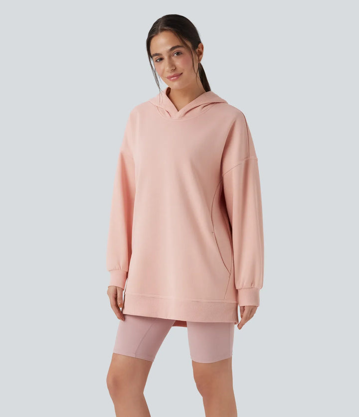 Med huva långärmad oversized fleece vardaglig sweatshirt med fickor