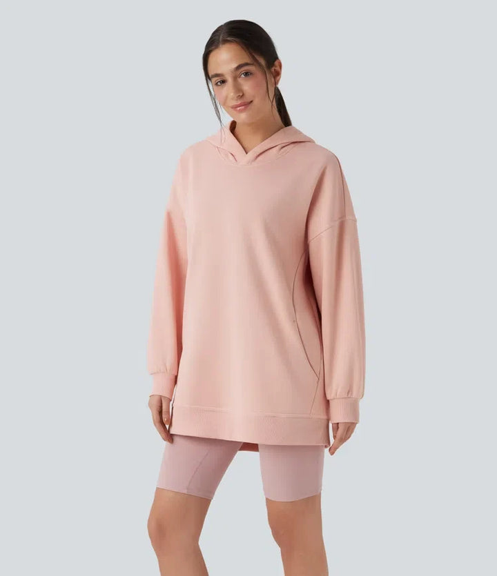 Med huva långärmad oversized fleece vardaglig sweatshirt med fickor