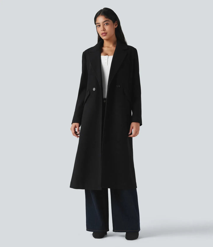 Notchkrage långärmad lång modell fleece vardaglig kappa med fickor