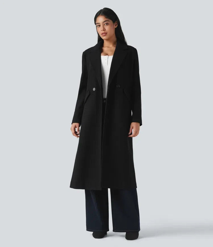 Notchkrage långärmad lång modell fleece vardaglig kappa med fickor