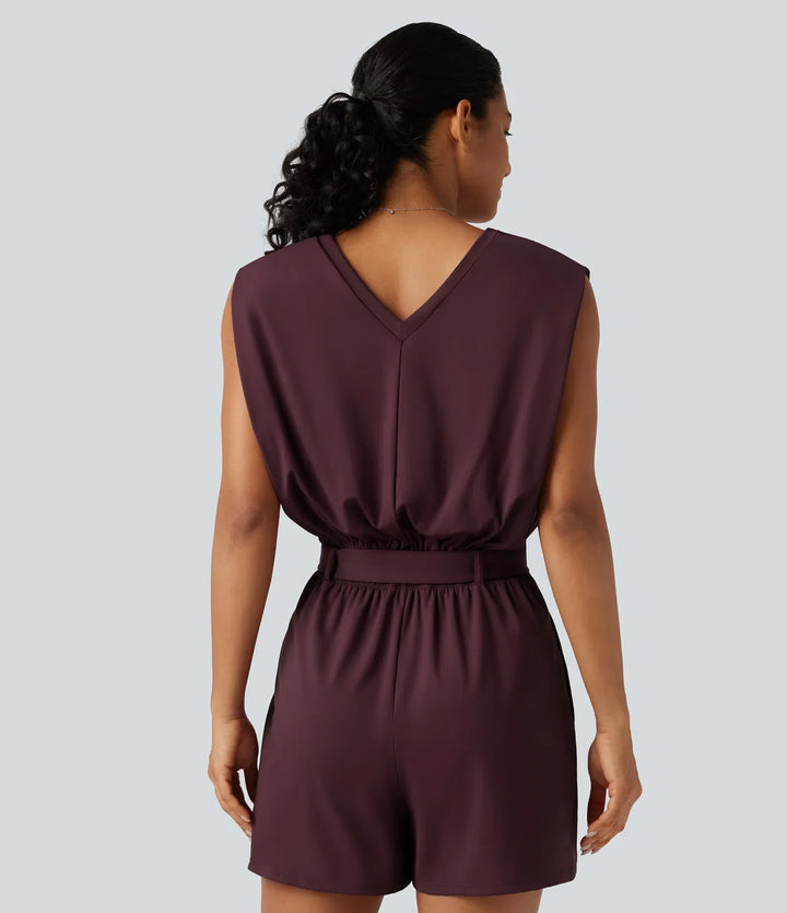 SoftlyZero luftig V-ringad ärmlös bältad InstantCool vardaglig playsuit med fickor-Easy Peezy Edition