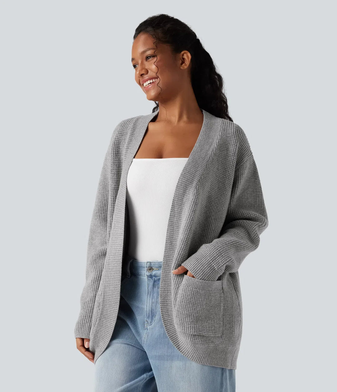 Öppen front långärmad vardaglig cardigan med fickor