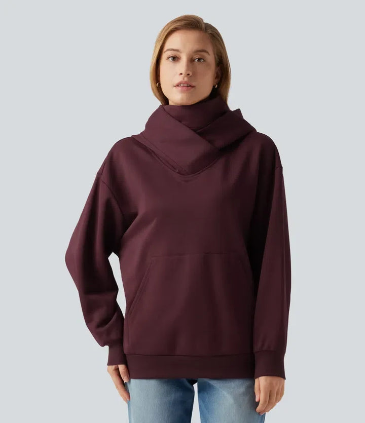 Med huva crossover nedhasad långärmad fleece vardaglig sweatshirt med ficka