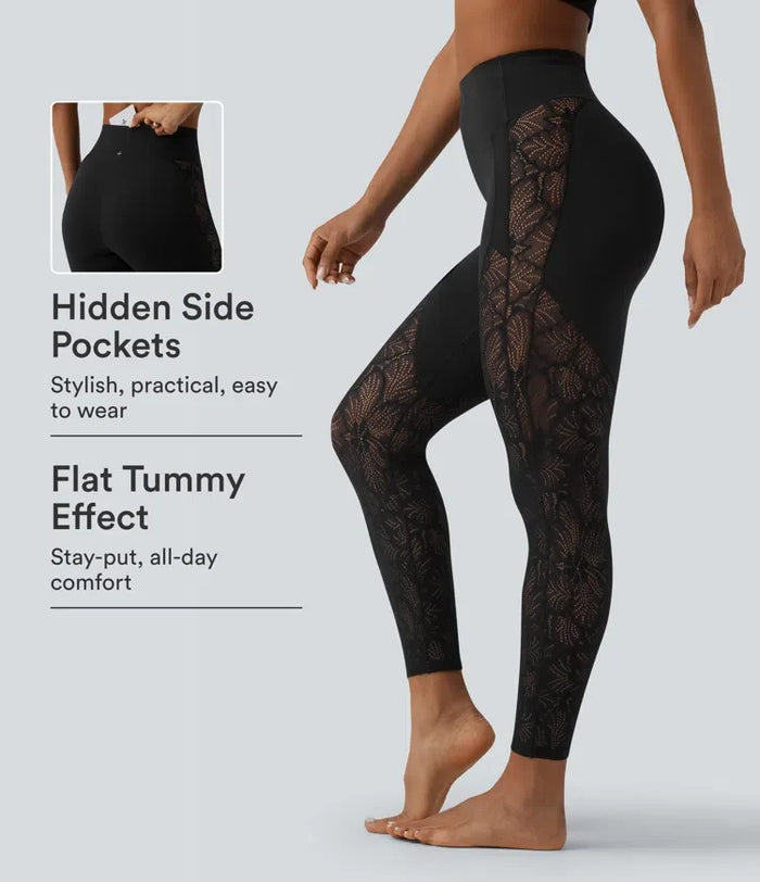 Lyckera UltraSculpt högmidjad magkontroll kontrastspets yoga 7/8 leggings med ficka