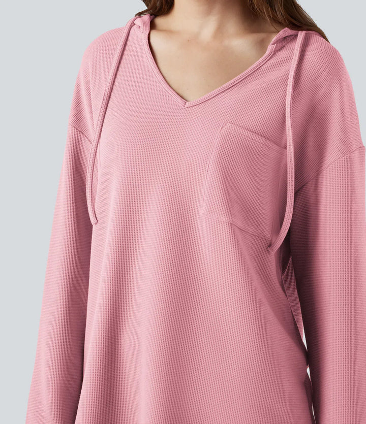 Med huva dragsko långärmad rundad fåll våffelstruktur vardaglig sweatshirt med ficka