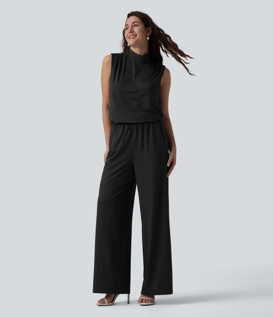 Ståkrage ärmlös raka ben jumpsuit för brudtärna och bröllopsgäst med fickor-Easy Peezy
