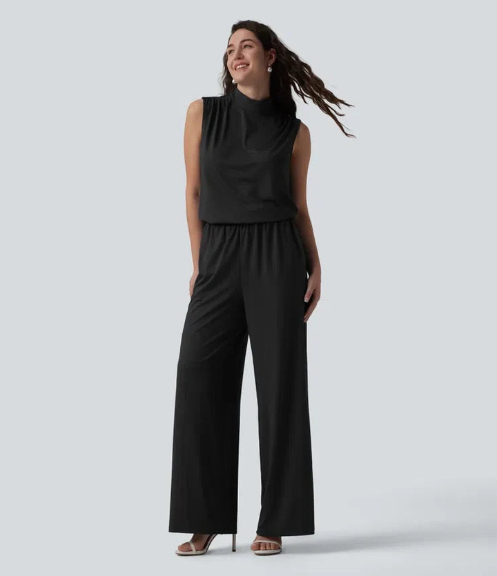 Stående krage ärmlös raka ben brudtärna och bröllopsgäst jumpsuit med fickor – Easy Peezy