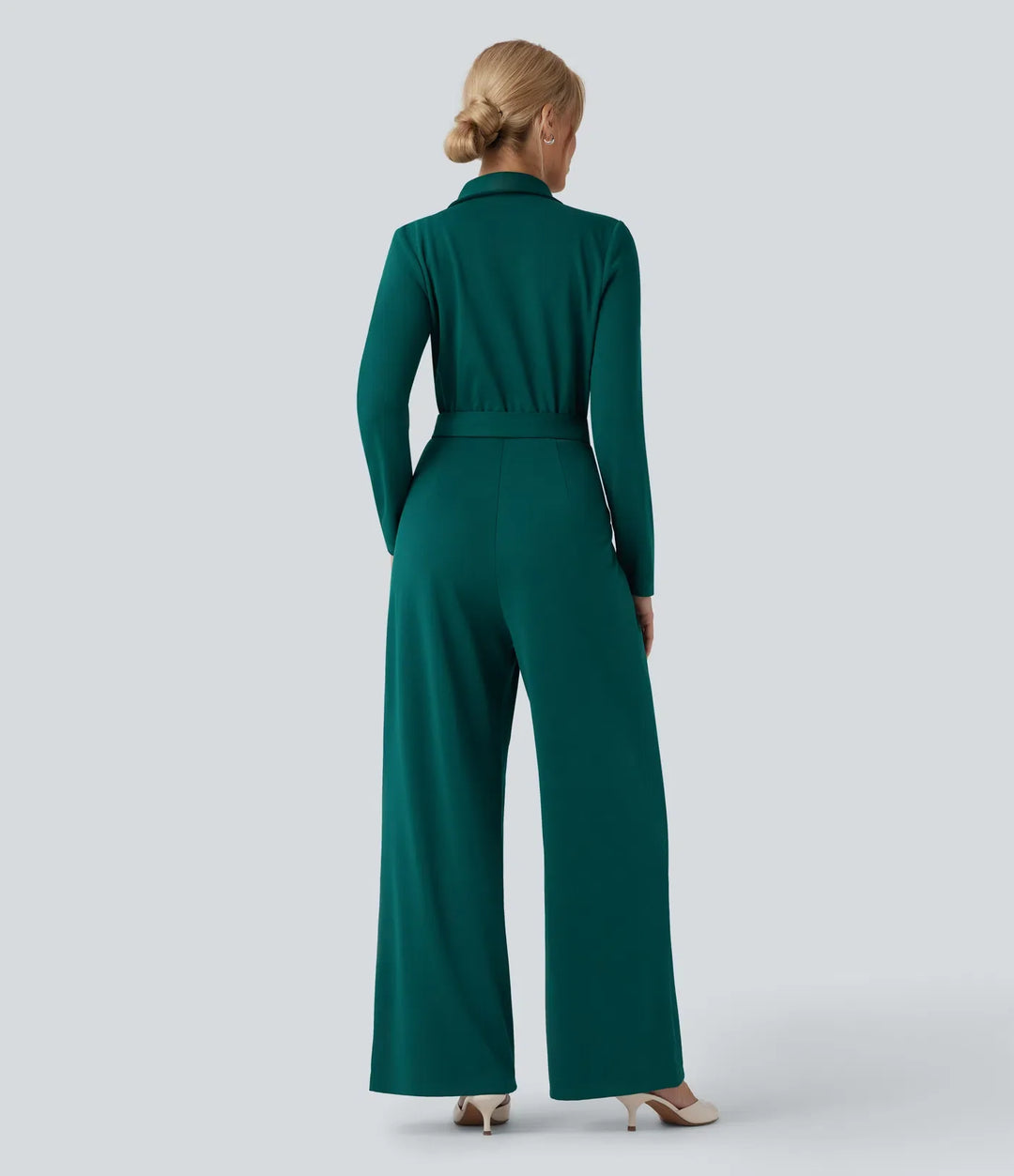 V-ringad långärmad bältad jumpsuit med fickor-Easy Peezy