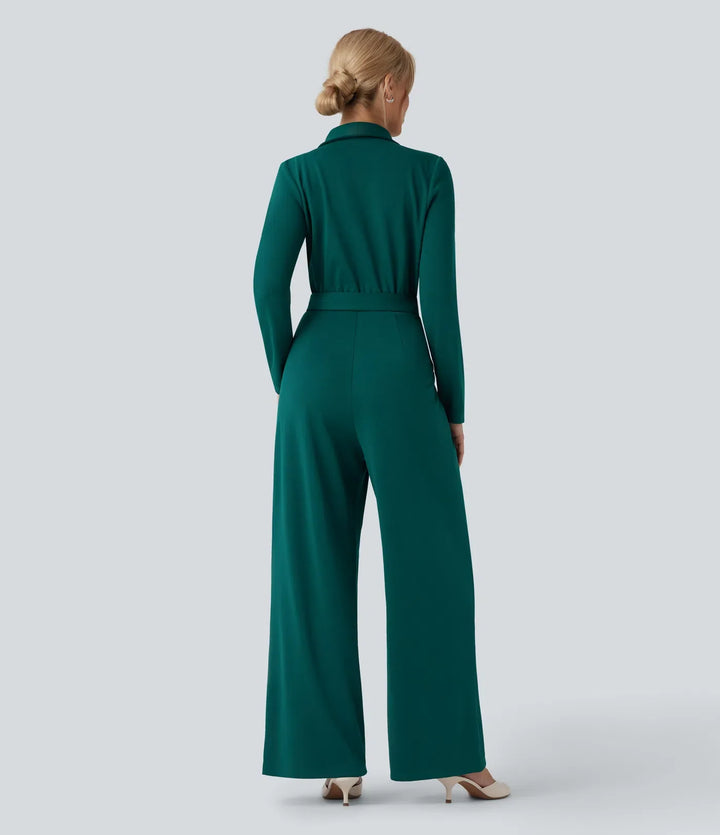 V-ringad långärmad bältad jumpsuit med fickor-Easy Peezy