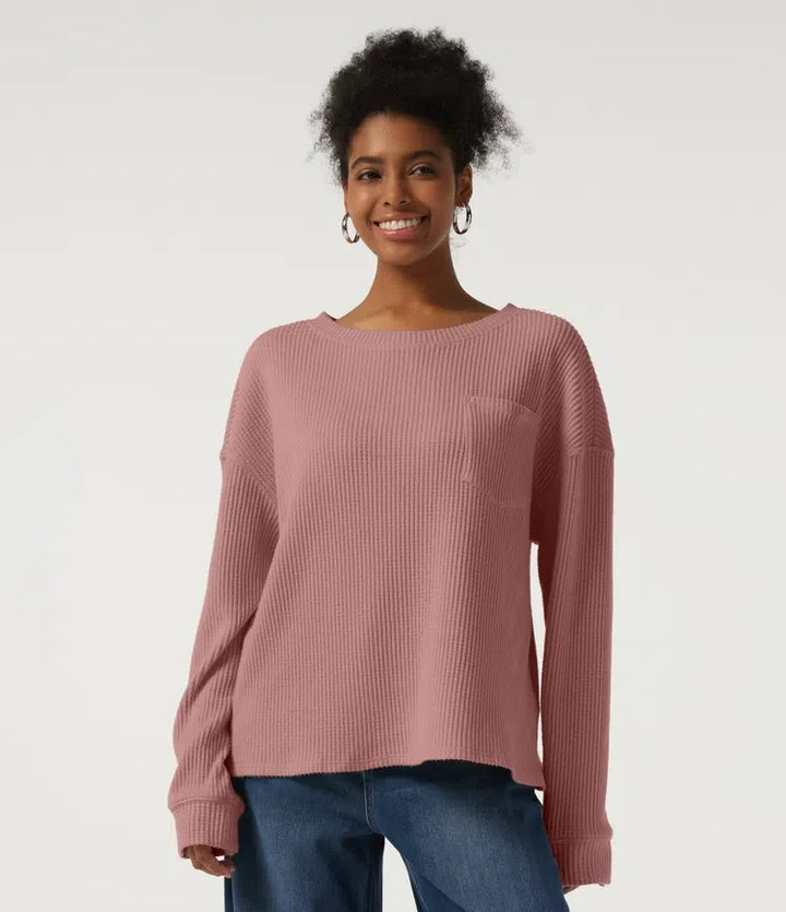 Rund hals långärmad nedhasad våffelstruktur vardaglig sweatshirt med ficka