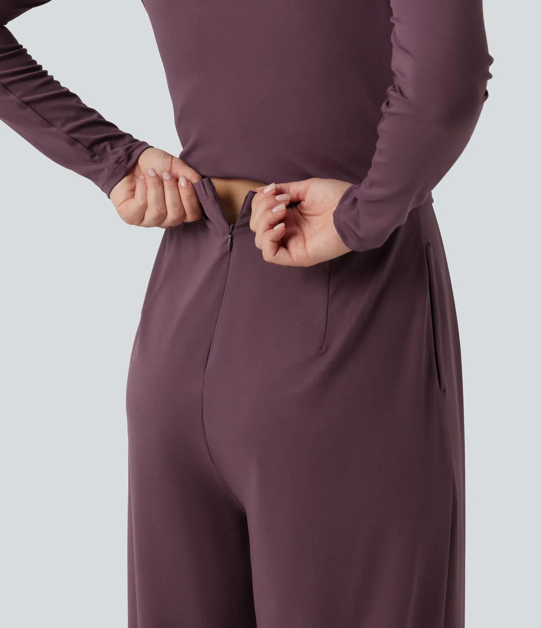Rund hals långärmad vida ben vardaglig jumpsuit med fickor-Easy Peezy Edition