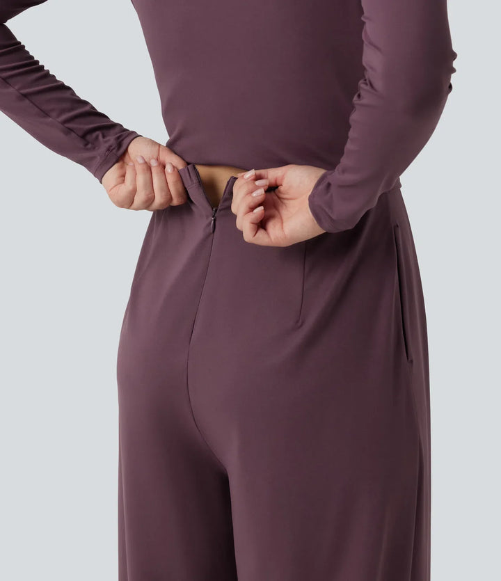 Rund hals långärmad vida ben vardaglig jumpsuit med fickor-Easy Peezy Edition