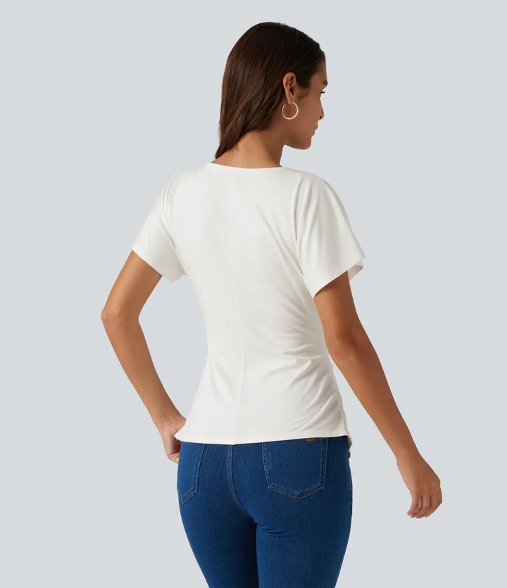 V-ringning kortärmad rynklad smal T-shirt för vardag