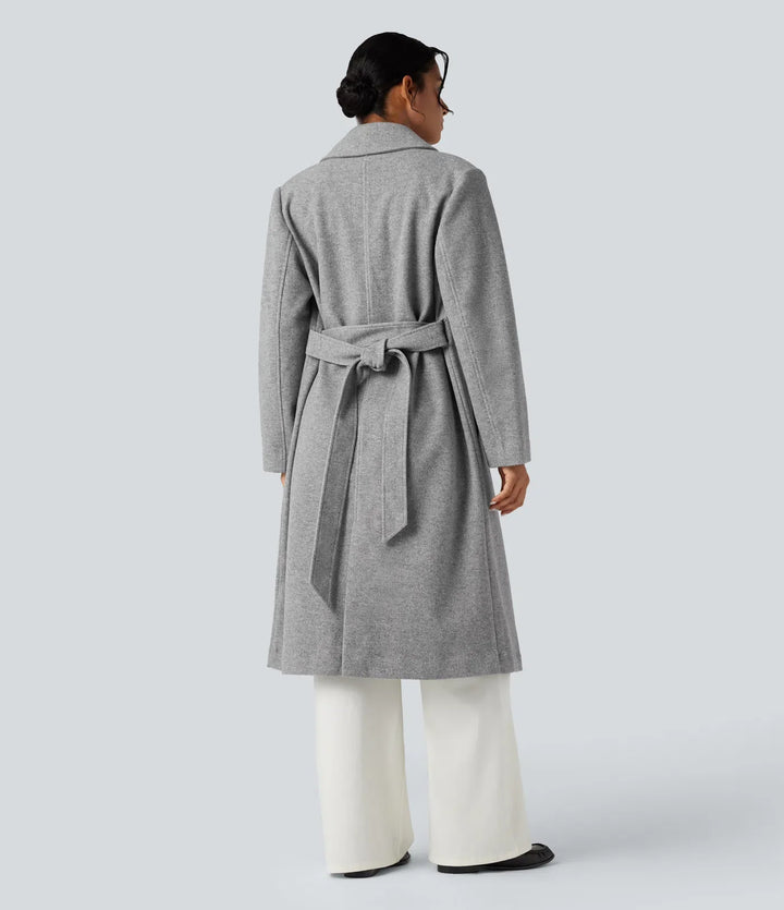 Långärmad bältad lång modell fleece vardaglig kappa med fickor