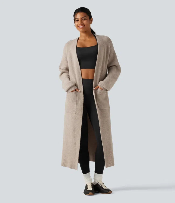 Långärmad lång modell vardaglig cardigan med fickor
