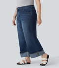 Plusstorlek Halara Flex med hög midja vida ben upprullad fåll tvättad stretchig stickad vardagsjeans med fickor
