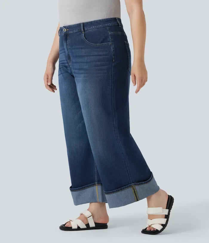 Plusstorlek Halara Flex med hög midja vida ben upprullad fåll tvättad stretchig stickad vardagsjeans med fickor