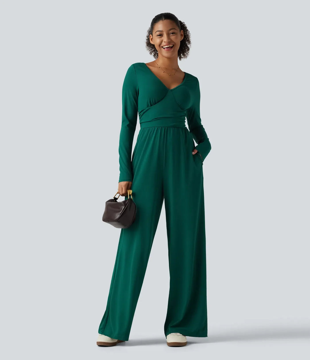 V-ringad långärmad rynkat vida ben vardaglig jumpsuit med fickor-Easy Peezy Edition