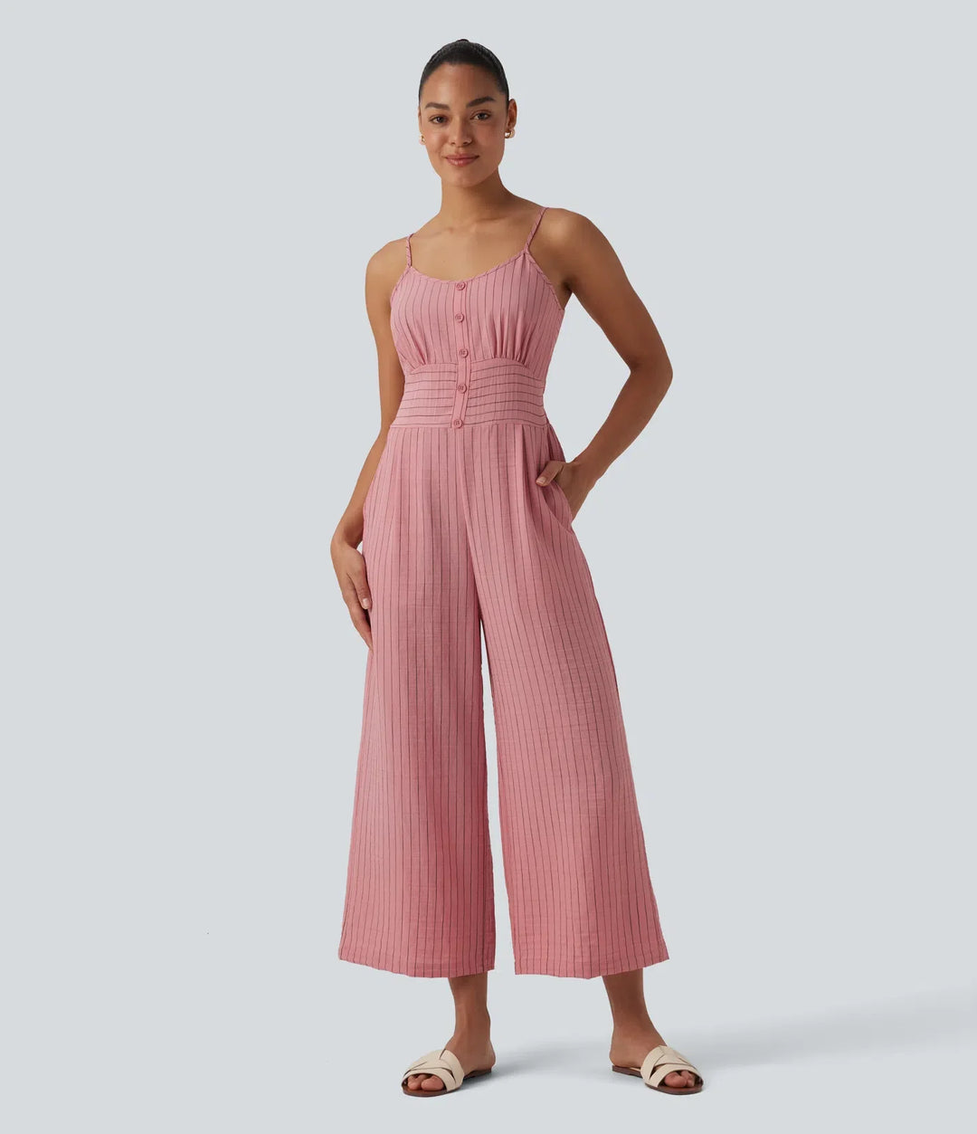Knytning i ryggen skuren-ut randig linnekänsla slip jumpsuit med fickor