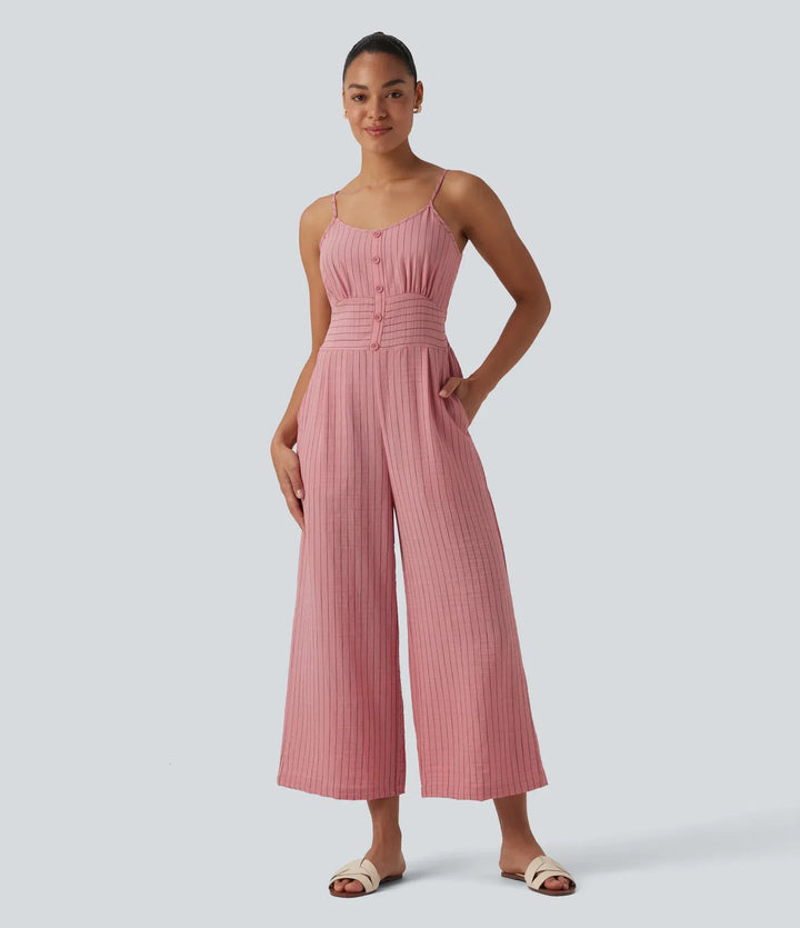Knytning i ryggen skuren-ut randig linnekänsla slip jumpsuit med fickor