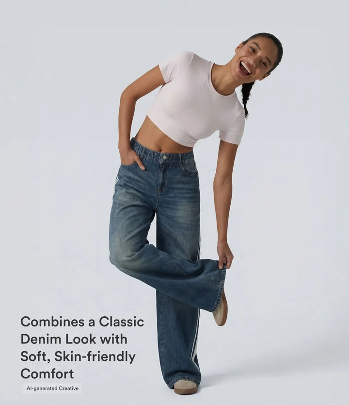 Medelhög midja denim mönster frotté randig vardaglig mjukisbyxor jeans med fickor