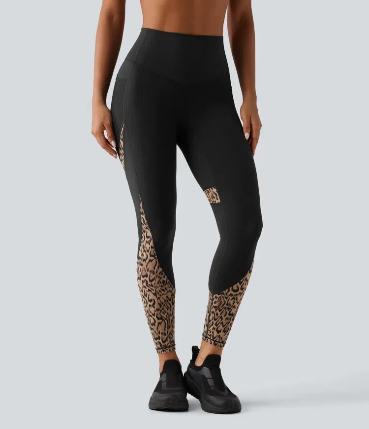 Högmidjad skinny kontrastmesh leopardmönster färgblock yogaleggings med fickor