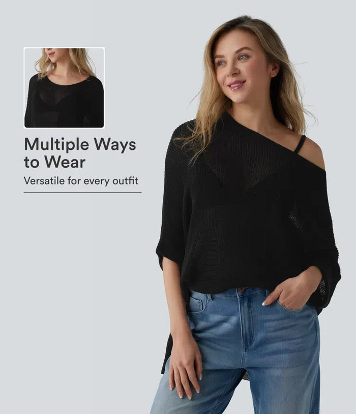 Enaxlad halvlång ärm slits fåll oversized vardaglig tröja med ficka