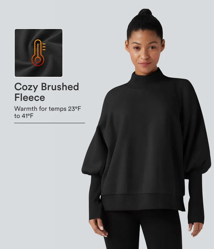 Halvpolo lång bishopärm fleece vardaglig sweatshirt