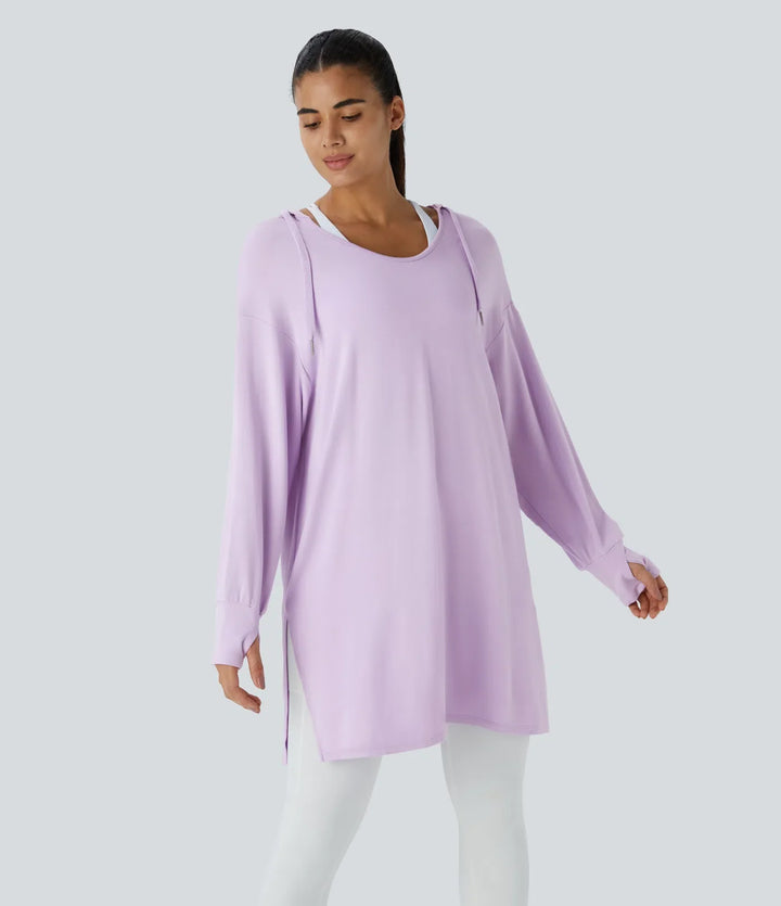 Med huva V-ringad dragsko tumhål lång modell vardaglig sweatshirt