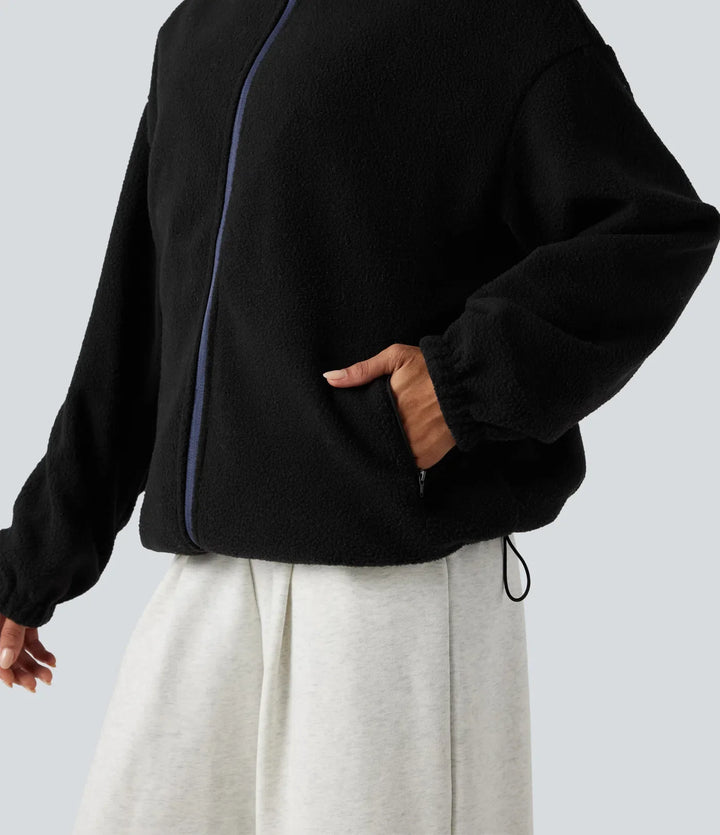 Vändbar hög hals långärmad dragkedja fleece vandringsjacka med fickor (två looks i en)