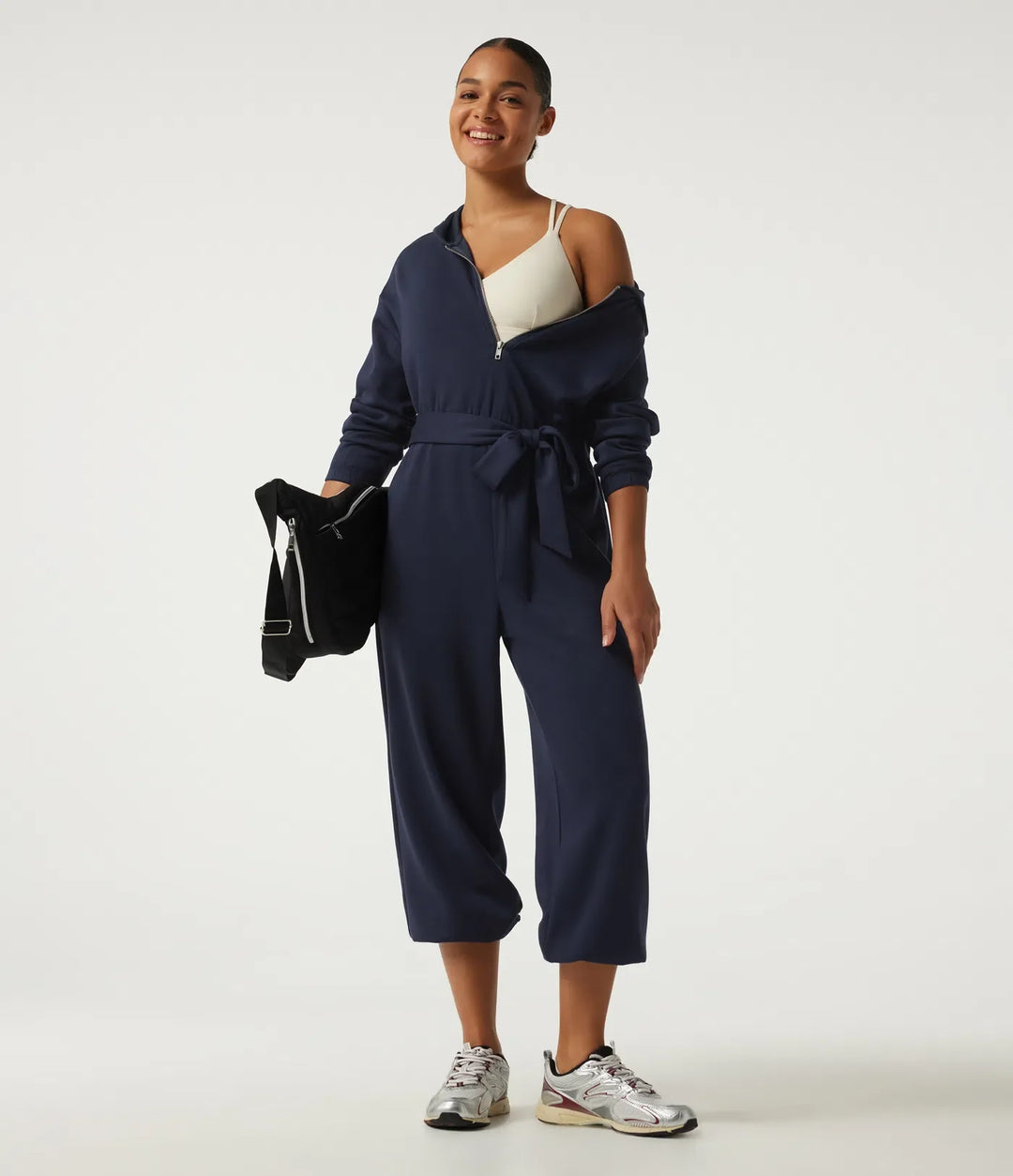 Med huva nedhasad långärmad halv dragkedja knytning fram vardaglig jogger jumpsuit med fickor-Easy Peezy Edition