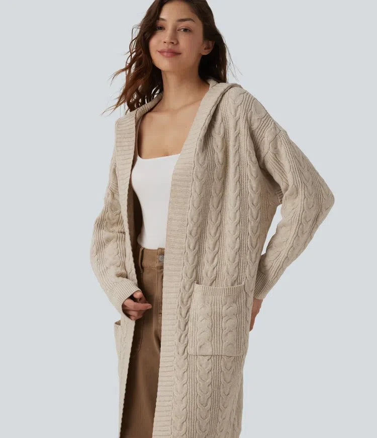 Med huva långärmad lång modell vardaglig cardigan med fickor