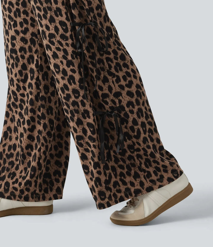 Högmidjad leopardmönster våffelstruktur vida ben vardagsbyxor med fickor