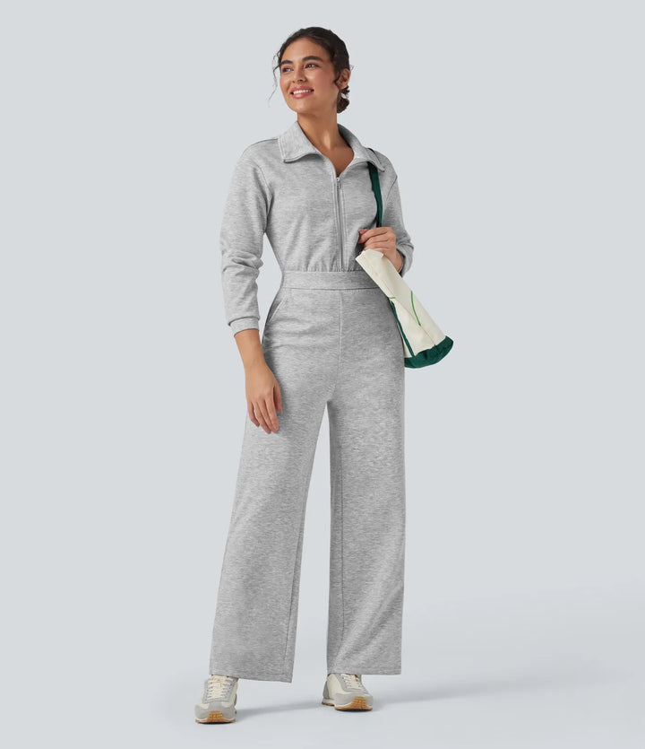 Slagkrage dragkedja långärmad vardaglig jumpsuit med fickor-Easy Peezy