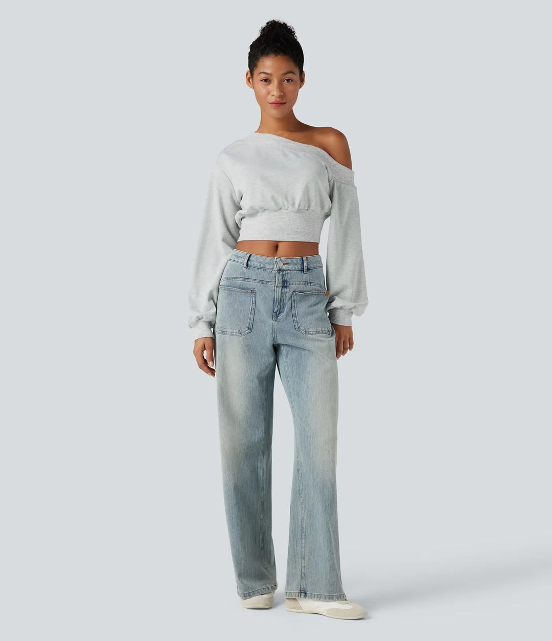 Enaxlad långärmad croppad vardaglig sweatshirt