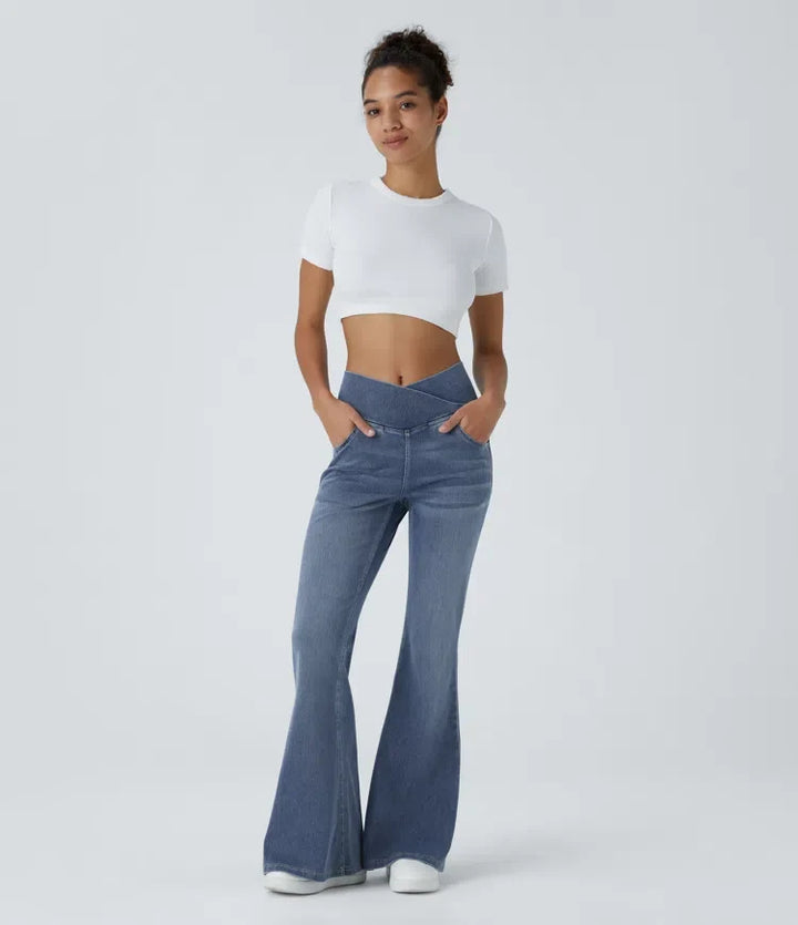 Lyckera Flex högmidjad crossover ficka tvättad vardaglig utsvängd jeans